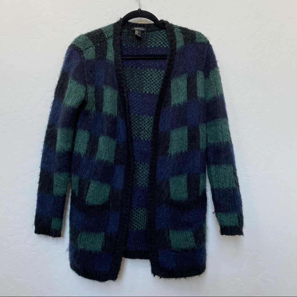 Fuzzy Plaid Long Sleeve Oversized Cardigan